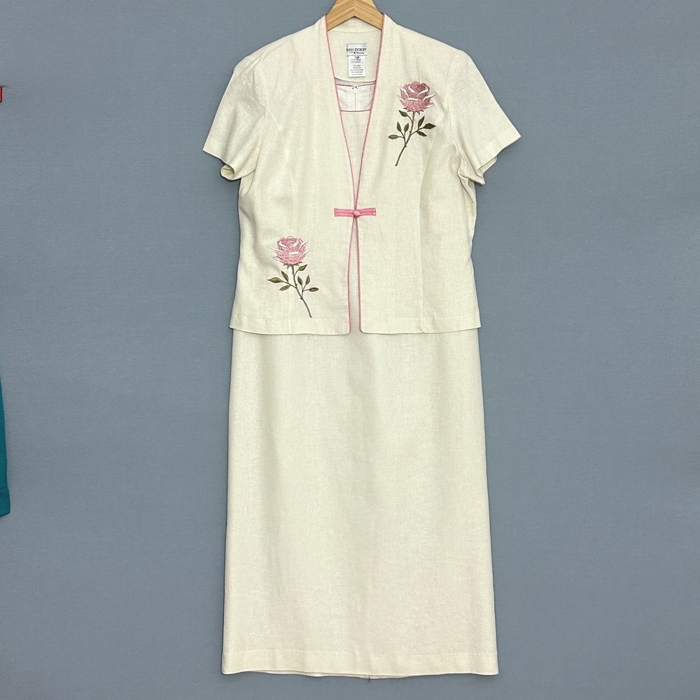 VTG Miss Dorby Women Dress Suit 12P Ivory Linen Blend Embroidered Wedding Church